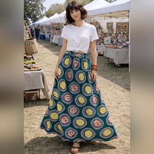 Bold Graphic Print Maxi Skirt XL High Waisted Pockets A-Line